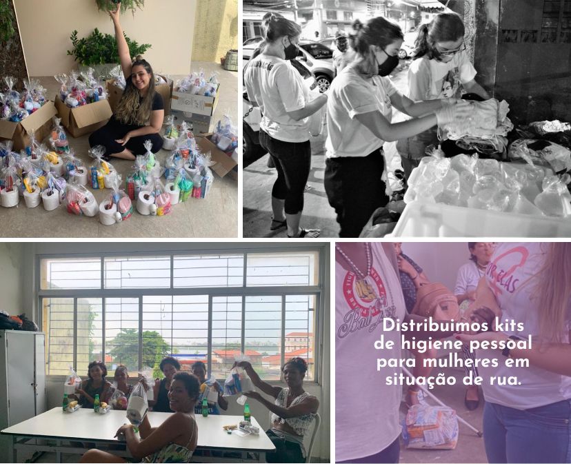 Sequência com doações para mulheres em 
            situação de rua